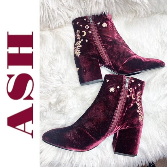 ASH Elixir Burgundy Velour Chunky Heel Bootie Gold Stars & Moons, Size 40 - Picture 5 of 14